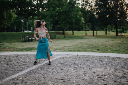 Happy young girl dancing in the park on a summer dayの写真素材