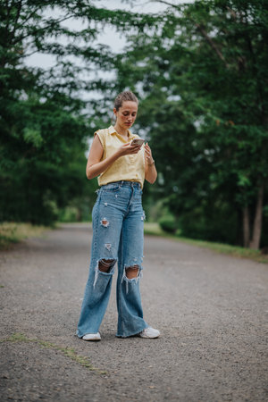 Young girl having fun alone in the park while using smart phoneの写真素材