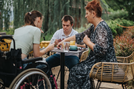 Boy with Down syndrome and girl in wheelchair playing cards