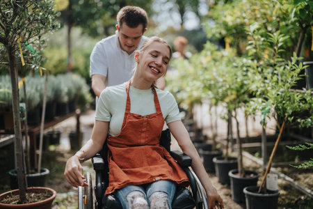 Joyful moments in a garden with supportive companionshipの写真素材