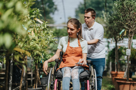 Young man with Down syndrome assisting woman in wheelchair at garden centerの写真素材