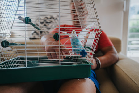 Person interacting with pet parakeet in a cage at homeの写真素材