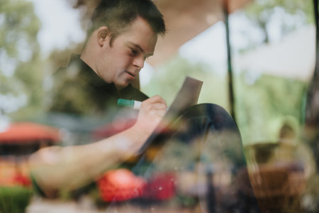 Young man with Down syndrome writing in a notebook