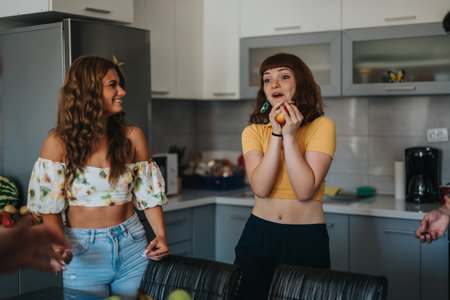 Two friends enjoying a fun moment in the kitchen togetherの写真素材