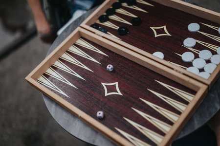 Children enjoying a game of backgammon together outsideの写真素材