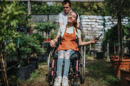 Joyful gardening moment with diverse individuals in a plant nurseryの写真素材