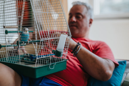 Man enjoying time with pet bird in a cage at homeの写真素材