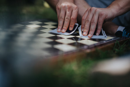 Hands shuffling playing cards on outdoor chess board setup