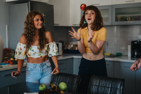 Two young women having fun in a modern kitchenの写真素材