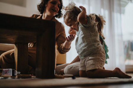 Mother and children playing together in a cozy living room setting