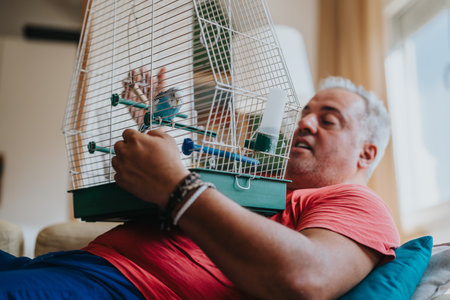 Man relaxing at home with pet bird in a cageの写真素材