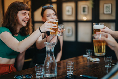Friends toasting with beers and laughing at a social gatheringの写真素材