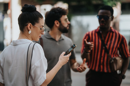 Business people discussing work in an outdoor meeting settingの写真素材