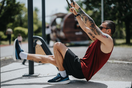 Young man exercising on outdoor fitness equipment in urban park