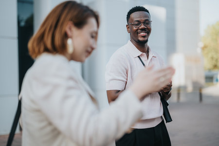 Multicultural business team enjoying outdoor meetingの写真素材