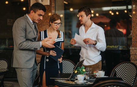 Businesspeople meeting to discuss sales strategies and analyze reports in a casual setting. Colleagues engaged in teamwork and planning for business growth and success over coffee.の写真素材