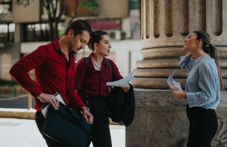Young businesspeople meeting outdoors discussing documents and ideas in the cityの写真素材