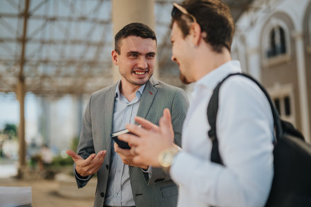 Two young business professionals engaging in a lively conversation outdoors, sharing ideas and discussing projects in a modern urban setting under a glass canopyの写真素材