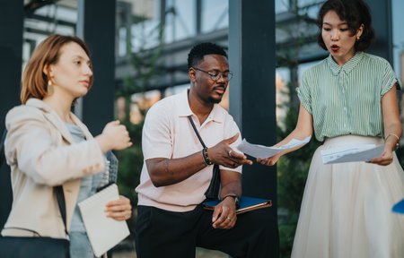 Colleagues discussing documents during an informal outdoor meeting