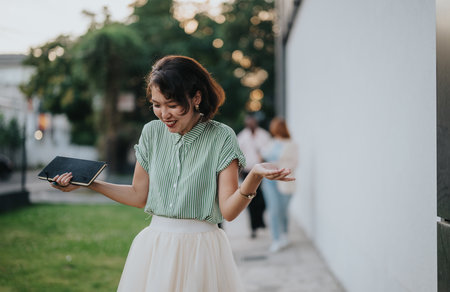 Young woman with notebook smiling in urban outdoor setting