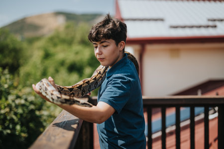 Young person interacting with pet snake on a sunny dayの写真素材