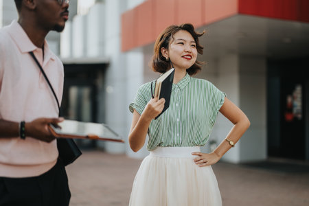 Multicultural business team having a meeting outdoors with positive expressionsの写真素材
