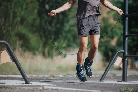 Man jumping rope during outdoor workout in the parkの写真素材