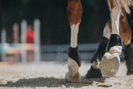 Close-up of horse hooves with protective boots in an arena during trainingの写真素材