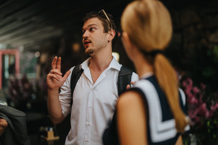 Young people having animated conversation in a casual settingの写真素材