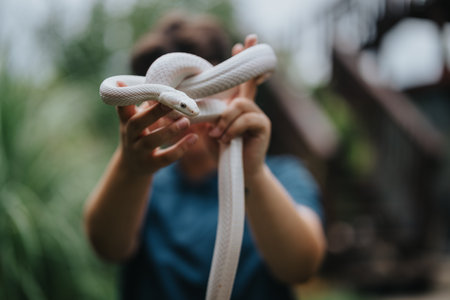 Young girl gently holding a white snake in a serene outdoor settingの写真素材