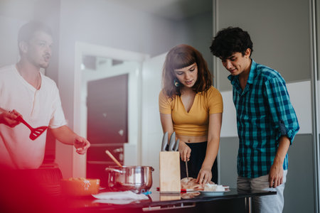 Young friends cooking together in a modern kitchenの写真素材