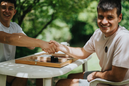 Two friends shaking hands over a board game outdoors, enjoying a sunny day, showcasing friendship, leisure, and good sportsmanship in a joyful and relaxed atmosphere surrounded by nature.の写真素材