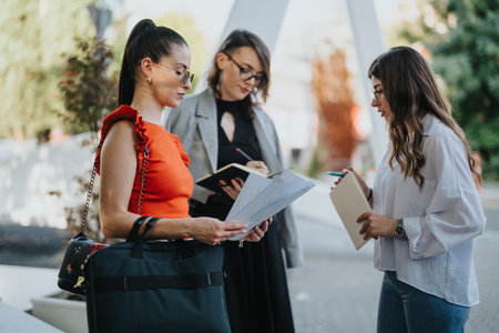 Businesswomen discussing documents during an outdoor business meetingの写真素材