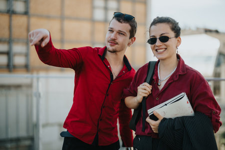 Young professionals discussing business ideas in the city outdoors on a sunny dayの写真素材