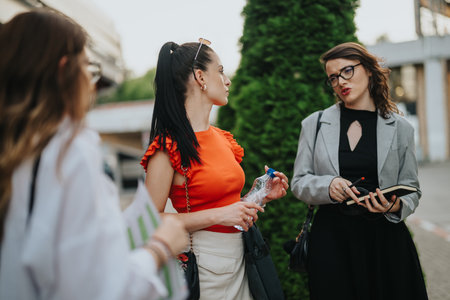 Group of businesswomen discussing project outdoors in an informal meetingの写真素材