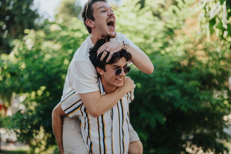 Young men enjoying a playful piggyback ride outdoors