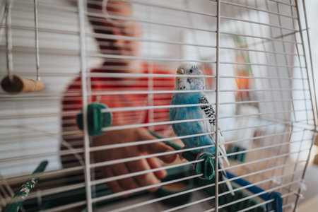 Blue budgie in a birdcage interacting with a person in a red shirt, creating a cozy home pet environment indoorsの写真素材