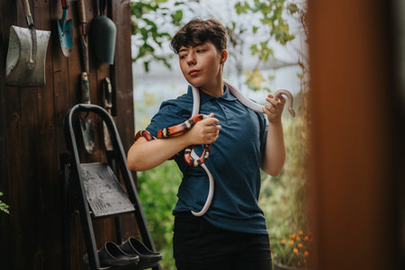 Young girl confidently playing with colorful snakes outdoorsの写真素材