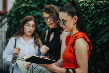 Three businesswomen brainstorming ideas outdoors while reviewing notes in a notebookの写真素材