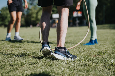 Close-up of people exercising with jump ropes in a park on a sunny dayの写真素材