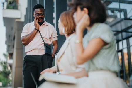 Diverse group discussing ideas in an outdoor meetingの写真素材