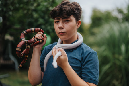 Young girl confidently playing with colorful snakes in a garden settingの写真素材