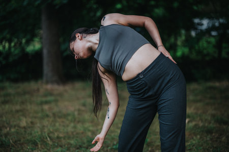 Woman practicing outdoor yoga stretching in a tranquil forest settingの写真素材