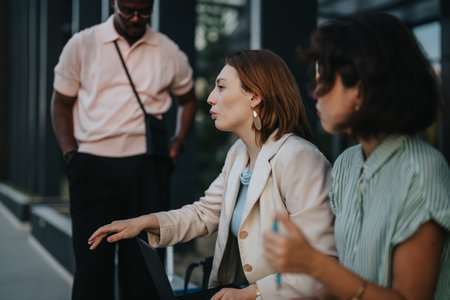 Colleagues engaged in an outdoor business meeting discussionの写真素材