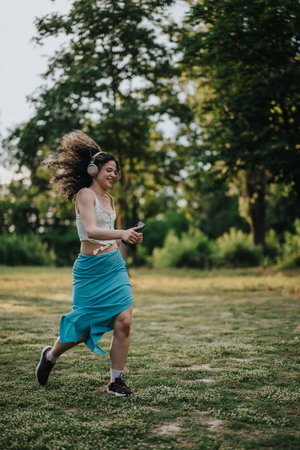 Joyful woman dancing in the park listening to music with headphonesの写真素材