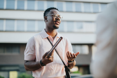Confident business professional speaks during outdoor meetingの写真素材