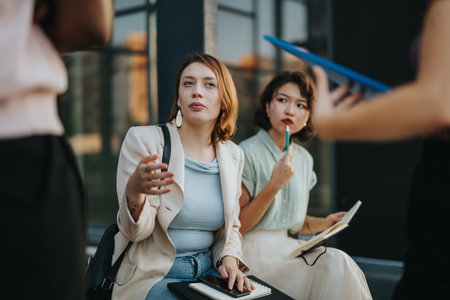 Group of business people engaged in an outdoor meeting discussionの写真素材
