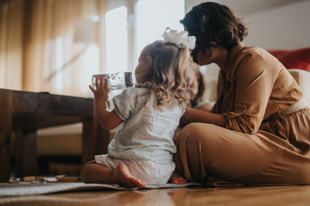 Mom playing with daughters at home on a sunny afternoonの写真素材