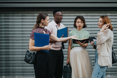 Diverse group of business people discussing at an outdoor meeting