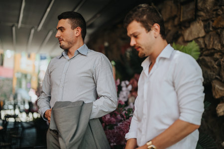 Two young men engaged in outdoor conversation at a cafeの写真素材